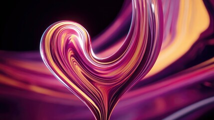 A close-up, abstract 3D render of a heart shape formed from swirling, liquid-like material in vibrant pink, purple, and gold hues, illuminated by soft, glowing