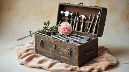 Vintage toolbox with metal tools and a delicate pink carnation