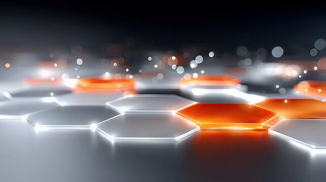 An abstract digital art piece featuring a hexagonal grid pattern with some hexagons glowing orange and others white, set against a dark background with soft, ou