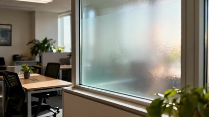 Medium shot of decorative highimpact window film being installed in an office window combining safety with aesthetic appeal and sunlight filtering.