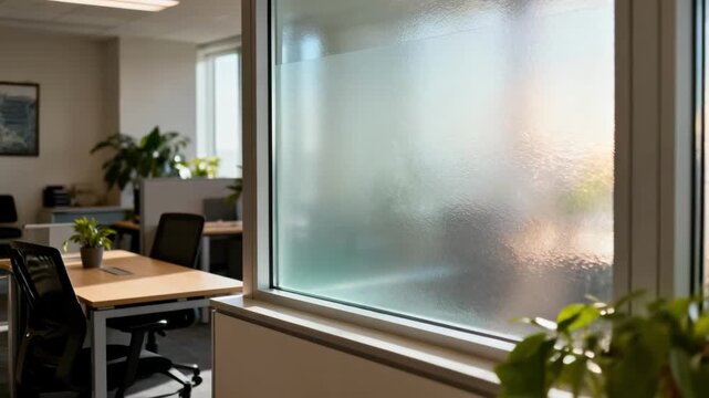 Medium shot of decorative highimpact window film being installed in an office window combining safety with aesthetic appeal and sunlight filtering.