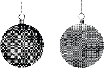 Christmas tree baubles dither pixel textured for greeting cards, posters. Vector illustration.