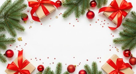 Christmas frame, fir, red baubles, gifts, isolated on white background