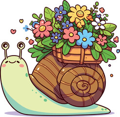 Cute Snail Carrying a Basket of Colorful Flowers