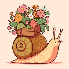 Cute Snail Carrying a Basket of Spring Flowers
