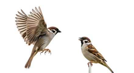 Two sparrows one flying with wings spread wide open on transparent background