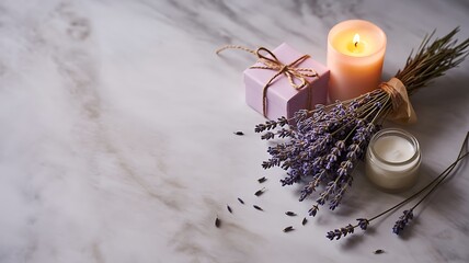 Relaxing spa setting with lavender candle gift and moisturizing cream
