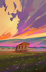 painted bright landscape with a house and clouds