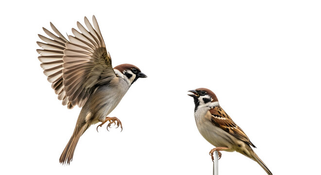 Two sparrows one flying with wings spread wide open on transparent background