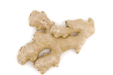 Organic ginger root photographed on a clear white background.