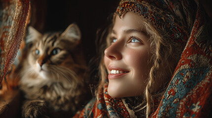A cheerful Slavic girl dressed in beautiful traditional folk attire is seen with a playful cat in a charming, cozy village setting