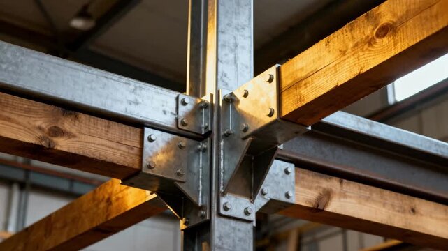 Medium shot of hybrid woodmetal beams showcasing sturdy construction with seamless metal connectors supporting wooden structures