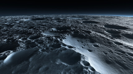 tennessine. Detailed view of the icy, cratered surface of a moon in deep space. STEM education sheets, lab safety posters, designed for biotech research communications.