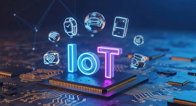 Exploring modern IoT, internet of thing devices on digital circuit board showcase technology. Internet of thing network shows automation, future tech, and innovation in communication.
