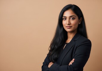 Professional indian woman in a dark blazer with arms crossed confidently