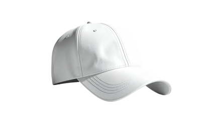 A white baseball cap isolated on a black background, angled, lit evenly