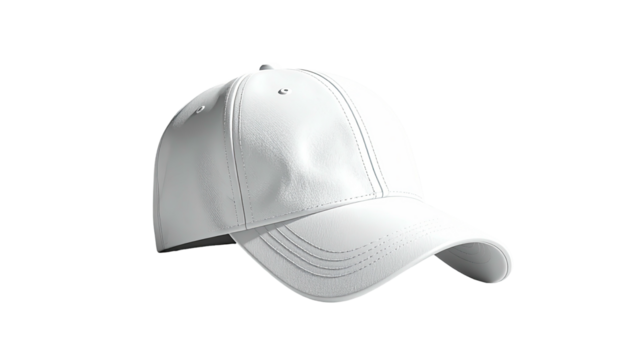 A white baseball cap isolated on a black background, angled, lit evenly