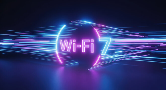 Innovative wifi7 technology with neon circle and colorful streaks, showcasing wireless connection and data transfer speeds. Wifi7 symbol glows brightly,