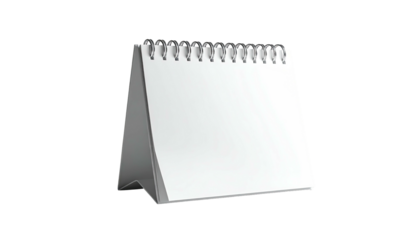 A blank, white desktop calendar with a spiral binding, against black background