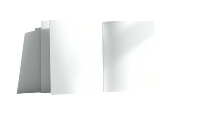 Isolated, angled white paper booklet with open pages, on black background