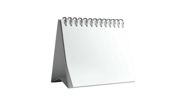 A blank, white desktop calendar with a spiral binding, against black background