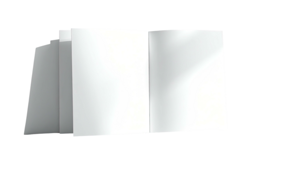 Isolated, angled white paper booklet with open pages, on black background