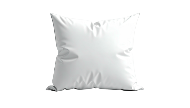 A pristine, white, square pillow, softly lit against a stark black background