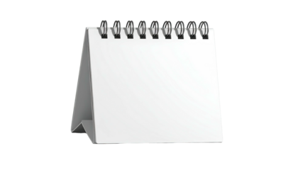 A simple desktop calendar with blank white pages, held together by a metal spiral