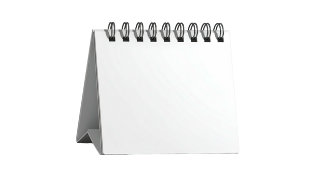 A simple desktop calendar with blank white pages, held together by a metal spiral