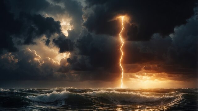 storm clouds over the sea, Dramatic storm scene over the ocean, with a powerful lightning bolt illuminating dark, churning clouds.