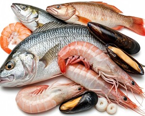 Seafood. Fresh fish with shrimps, crayfish and oysters on a stone board.