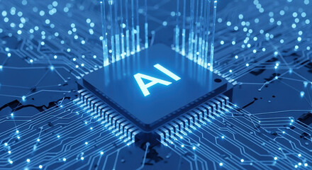 Artificial intelligence in network management is visually represented through illuminated circuit board with a glowing AI designation.