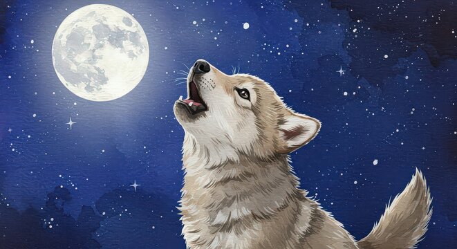 Wolf pup howling at moon