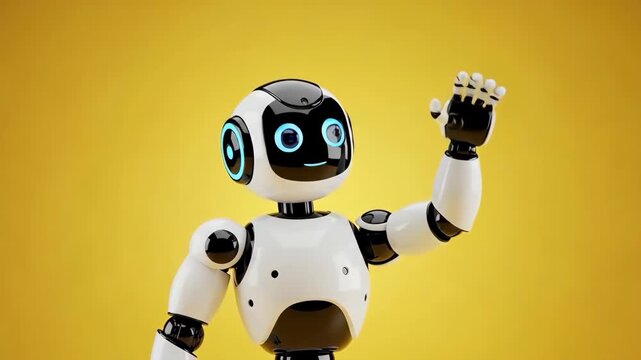 Animated robot waving hello against yellow background