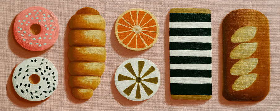 Cozy bakery display with assorted breads on beige background