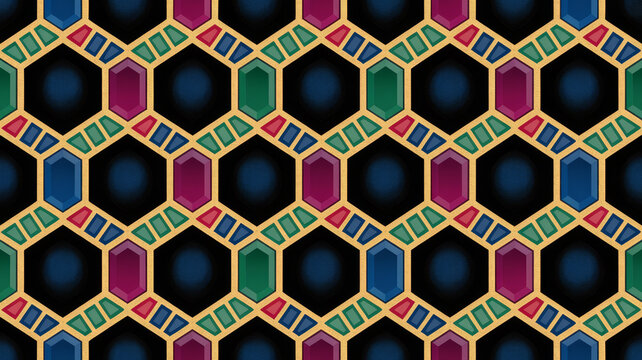 Intricate geometric pattern featuring colorful gems within a honeycomb design on a dark background.