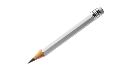 A digital, sharpened pencil with white body, eraser and graphite tip on black background