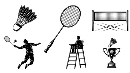 Set of badminton icons representing the sport, including shuttlecock, racquet, net, player, umpire, and trophy