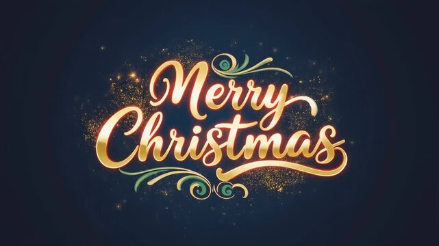 Festive Christmas greeting with golden text and decorative flourishes on a dark background.