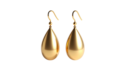 Gleaming gold teardrop earrings against a stark black backdrop, highly polished