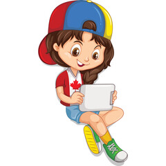Young Girl Wearing A Colorful Baseball Cap And Red White Shirt With Canadian Maple Leaf Holding A White Tablet Computer