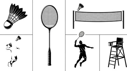 Badminton Elements Shuttlecock, Racket, Net, Player, and Referee Chair