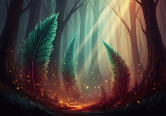 Mystical forest clearing bathed in ethereal light and glowing embers