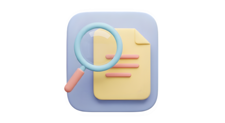 Magnifying glass over document 3d render isolated on transparent background