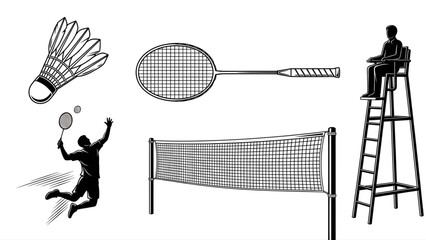 Collection of Badminton Equipment and Player Silhouettes