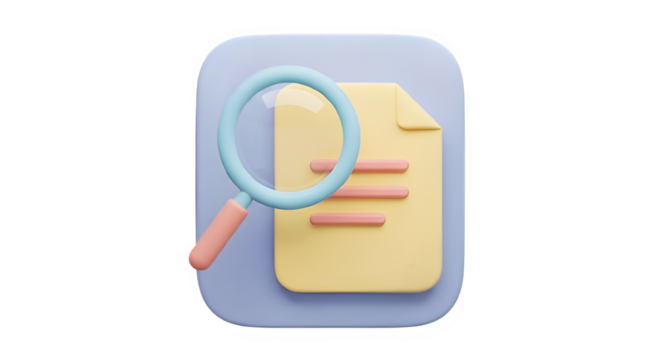 Magnifying glass over document 3d render isolated on transparent background