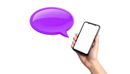 A hand holds a phone with a blank screen, alongside a purple speech bubble