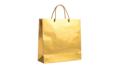 Shiny golden gift bag with brown rope handles, isolated on black background