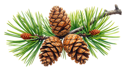 Detailed watercolor of pine branch with several cones and needles