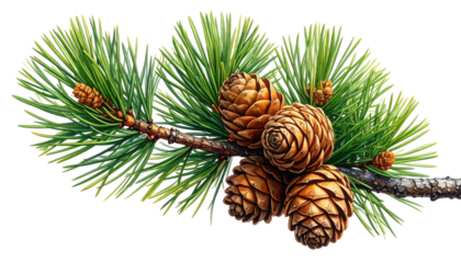 Watercolor rendering of a pine branch with green needles and brown cones